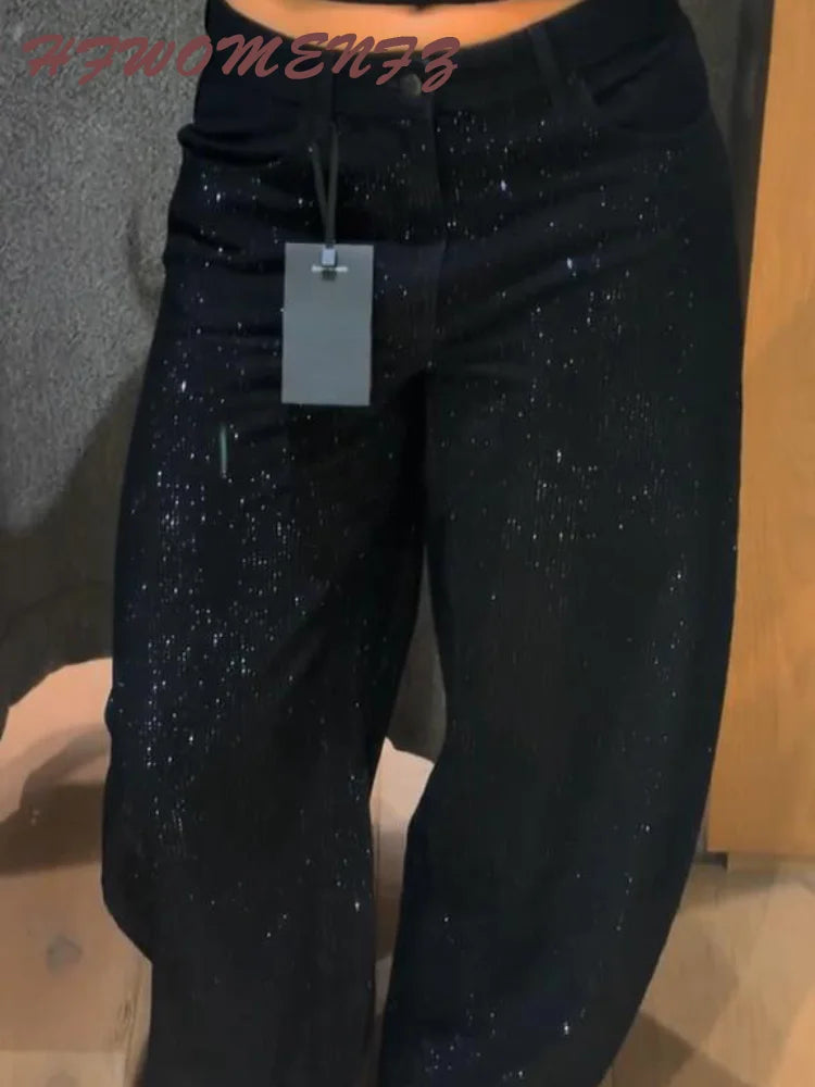 Sequined High Waist Wide Leg Pants with Pockets for Women