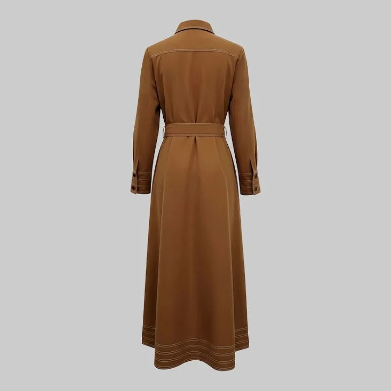 Women Lapel Collar Long Sleeves Contrast Stitch Pocket Belted Midi Dresses Elegant Vintage Casual Office Workwear Shirt Dress