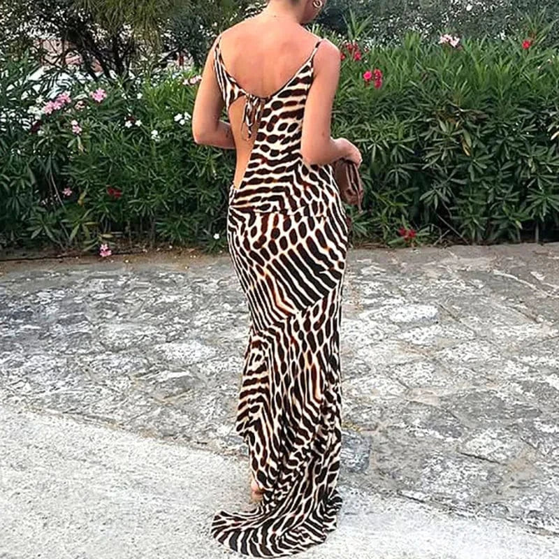 Vintage Leopard Print Slim Straps Long Dress Lady Casual Holiday Beach Bohemian Dress Spring Summer V Neck Sleeveless Maxi Dress