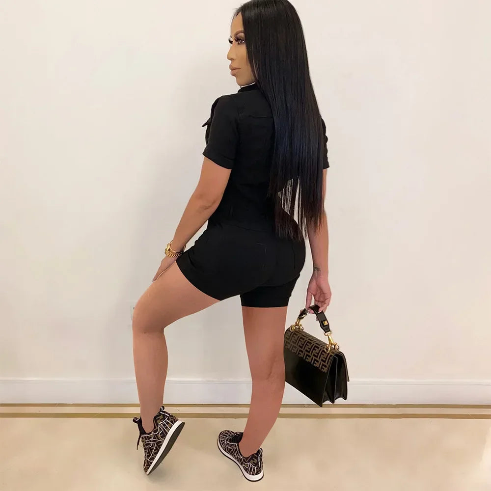 Summer V Neck Mesh Cargo Short Jumpsuit for Women