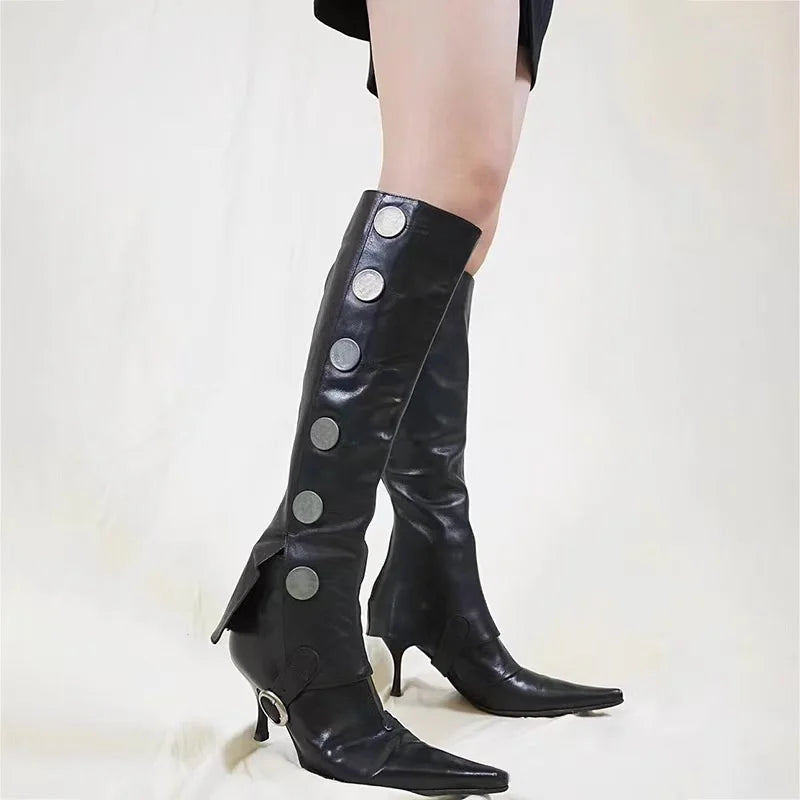 Button Detail Pointed Toe Knee High Boots for Women