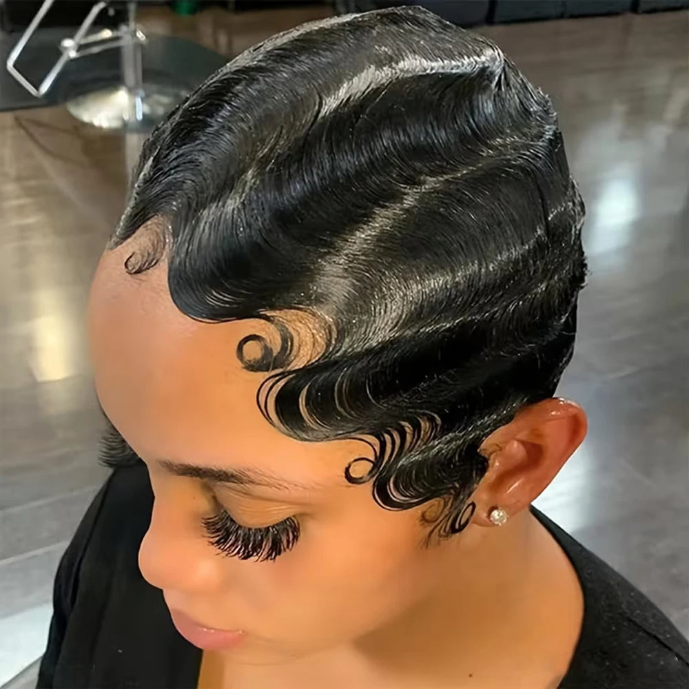 Short Finger Wave Premium Remy Human Hair Wig for Women