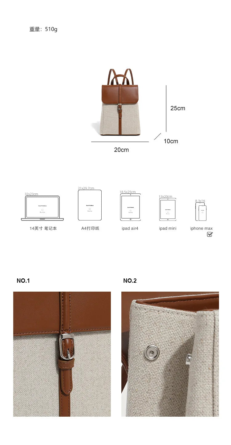 Summer new casual vacation style cowhide spelling linen shoulder bag French loose sense of backpack large capacity schoolbag