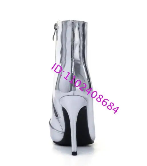 Fashion Woman Glitter Silver Gold Mirror Leather Pointed Toe High Heel Short Ankle Boots with Black Sole And Zipper Custom Make