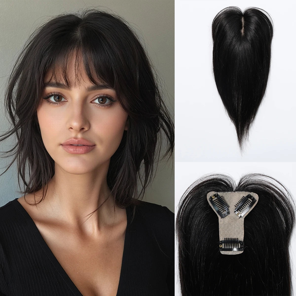 Brown Silk Base Clip In Remy Human Hair Toppers With Bangs For Women