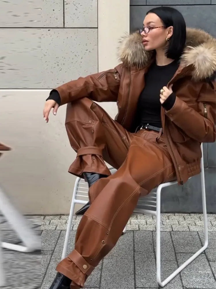 Fur Collar Women 's Leather Jackets Vintage Hooded Zipper Pockets Full Sleeve Jackets Lady 2025 New Woman Winter Coats Outwears