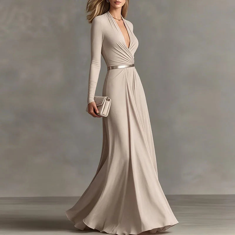 Deep V Neck Ruched Waist Long Sleeve Maxi Dress for Women