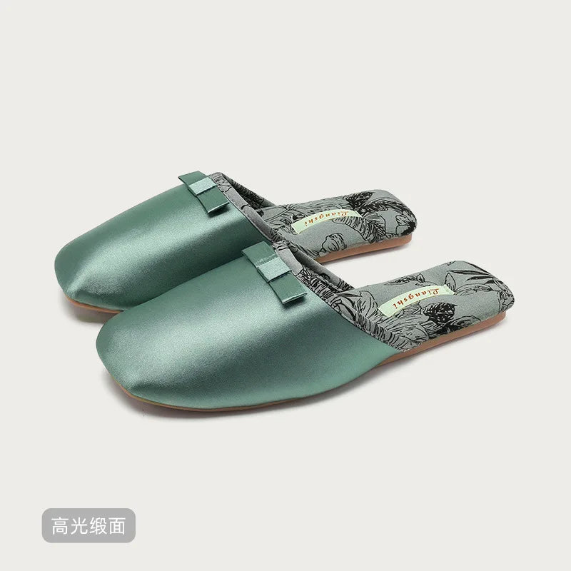 Elegant Silk Print Butterfly Knot Flat Slippers for Women