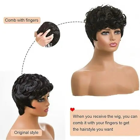 Synthetic Hair Natural Wavy Short Pixie Black Wig for Women