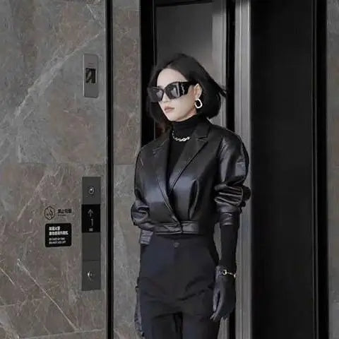 Trendy Faux Leather Blazer And Flared Pants Set For Women