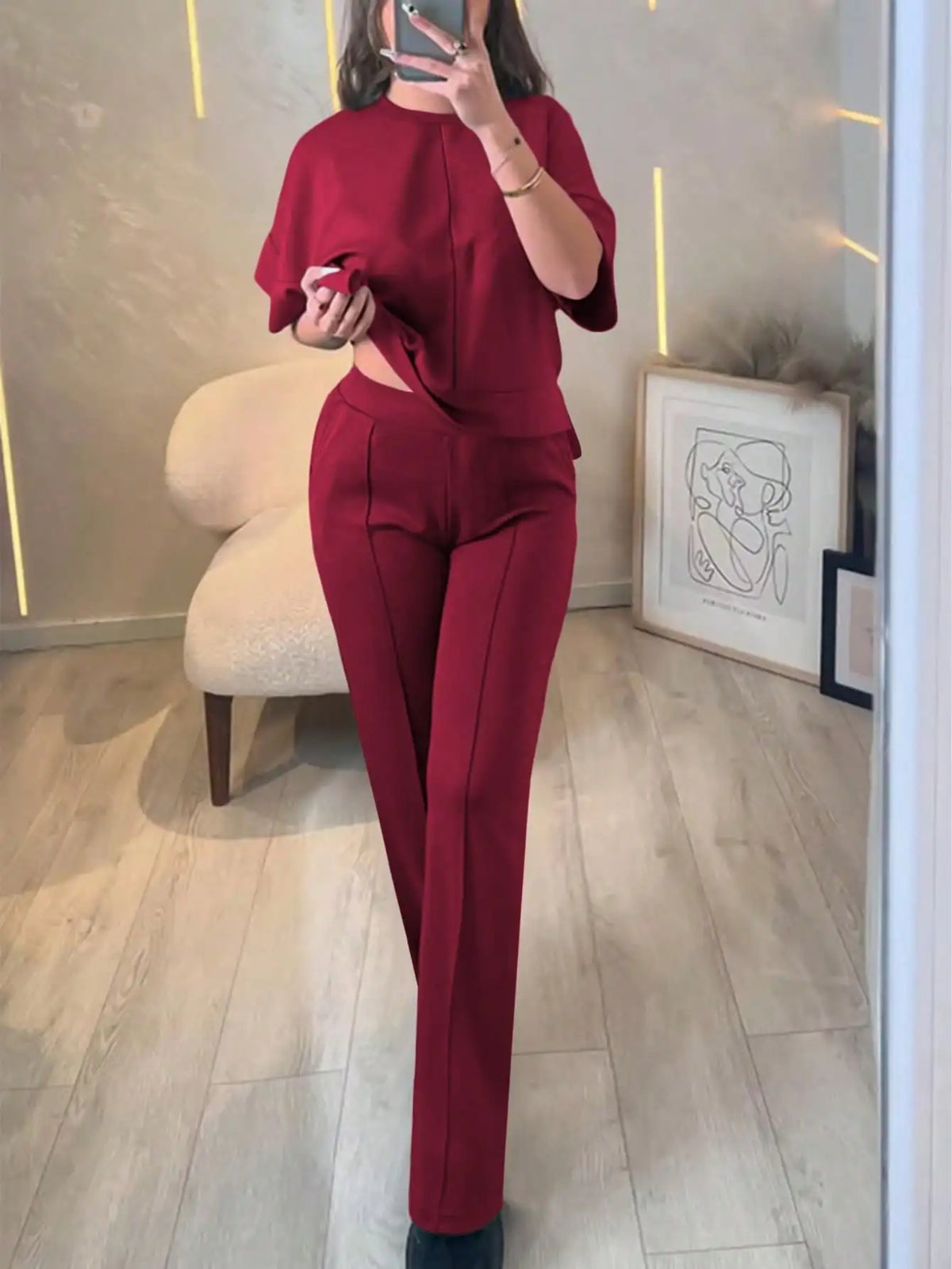 New Spring and Summer Ladies' Set: Comfortable Solid-Color Short-Sleeve Top with Elastic Waist Pocketed Long Pants Two-Piece Set, Soft Stretch Polyester-Acrylic Fabric
