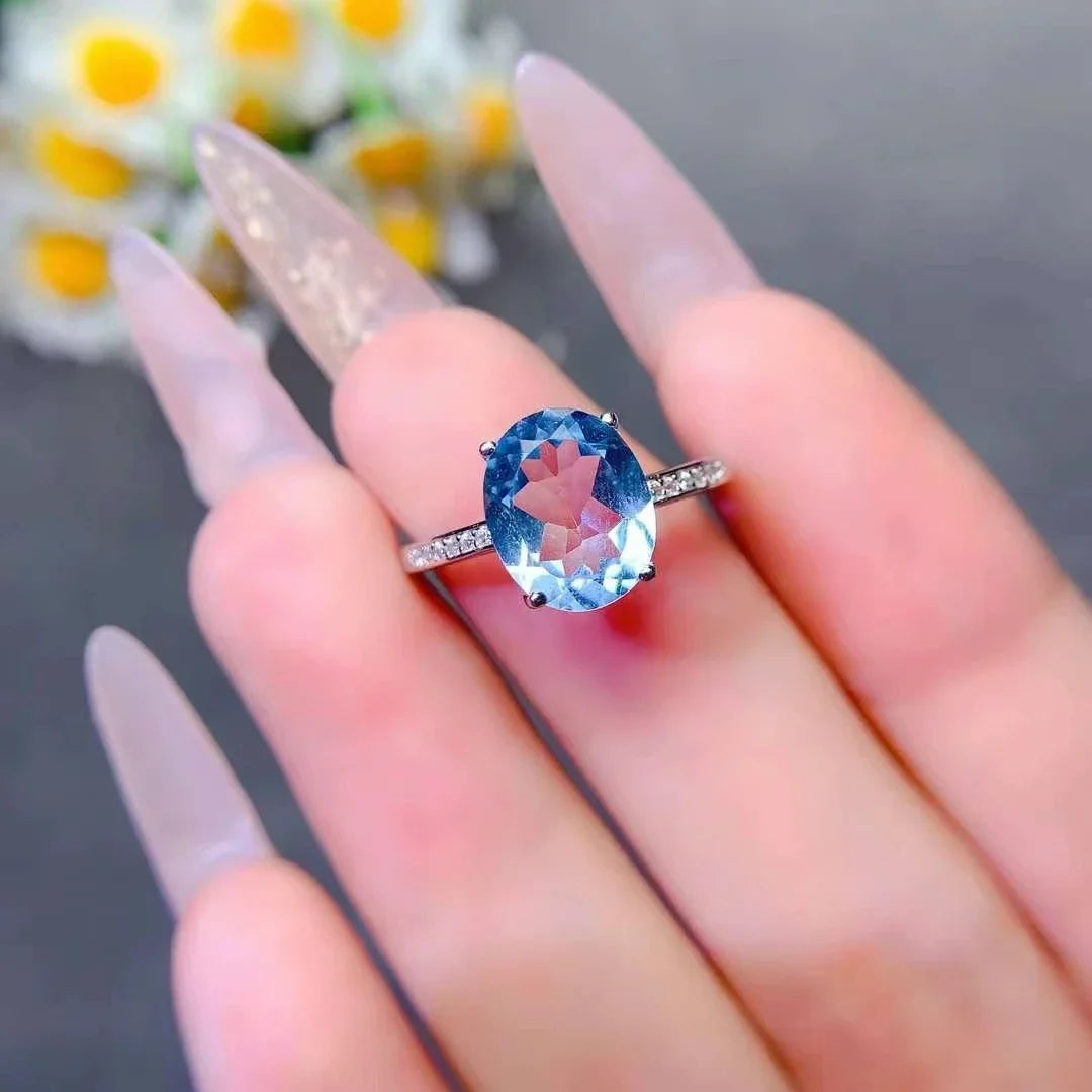 Handmade Silver Topaz Ring 10mm * 12mm 5ct Light Blue Topaz Ring 18K Gold Plated Crystal Jewelry