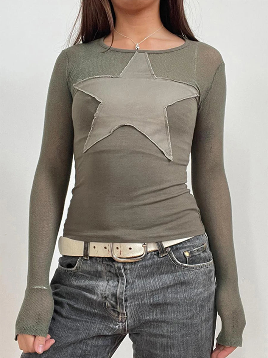 Women'S Basic T-Shirt Star Shaped Sticker Top Slim Fit Round Neck Long Sleeved T-Shirt Autumn Retro Casual Street Wear top