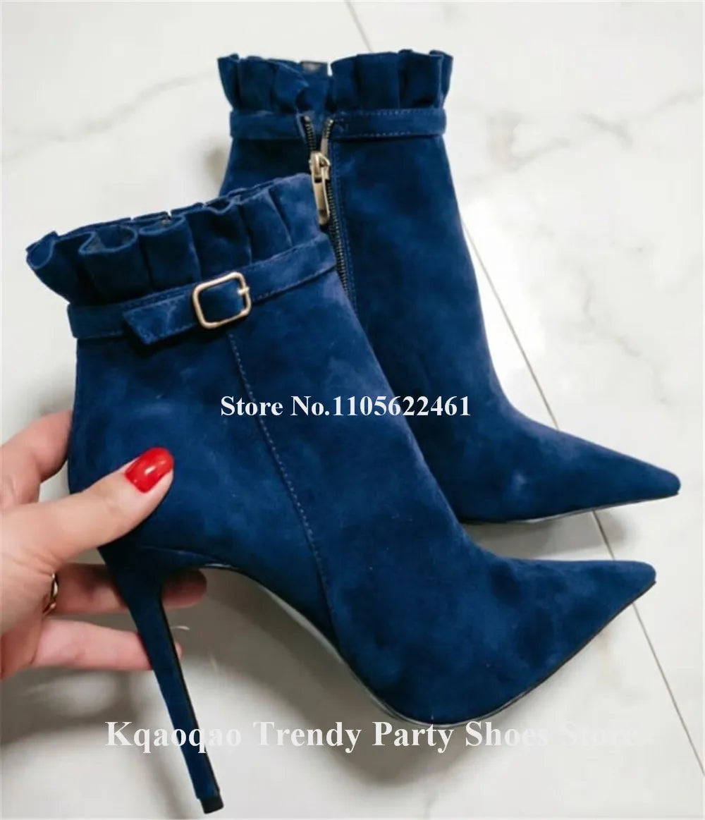Elegant Suede Ruffle Stiletto Ankle Boots for Women