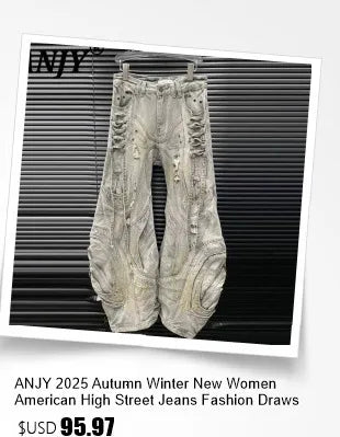 ANJY Spring Autumn New Women Streetwear Fashion Buttons Slit Striped Color Block Jeans Stylish Loose Wide-Leg Denim Pants A23331