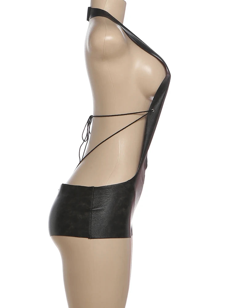 Faux Leather Halter Deep V Neck Backless Romper for Women
