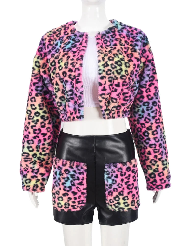 Winter Open Stitch Coats and Patchwork Shorts Two Piece Set for Women