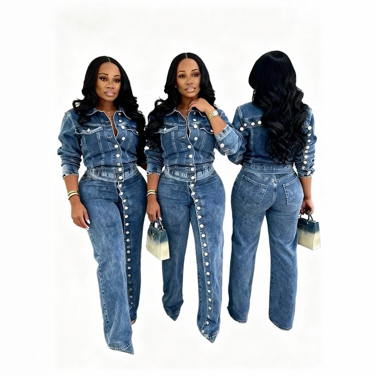 Denim Jacket And Straight Leg Pants Set