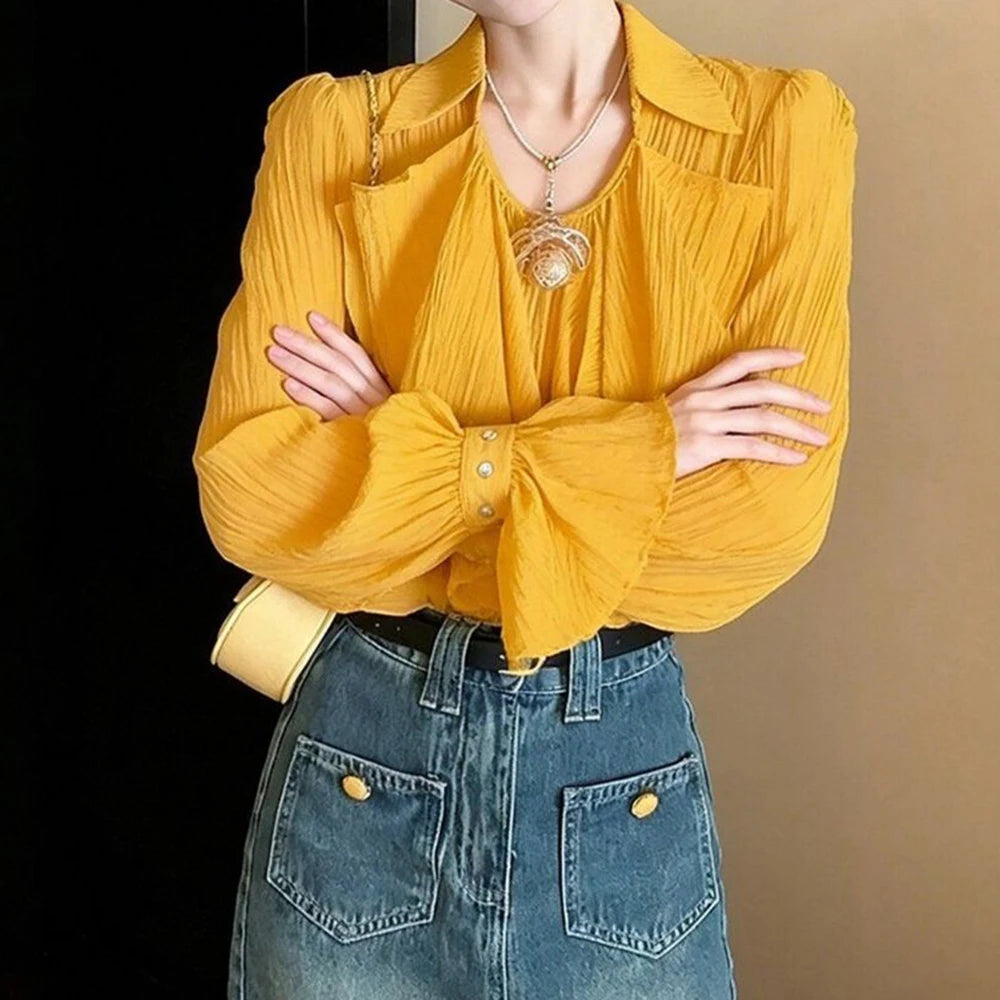 French Niche Ruffle Detail Loose Fit Shirt in Yellow for Women