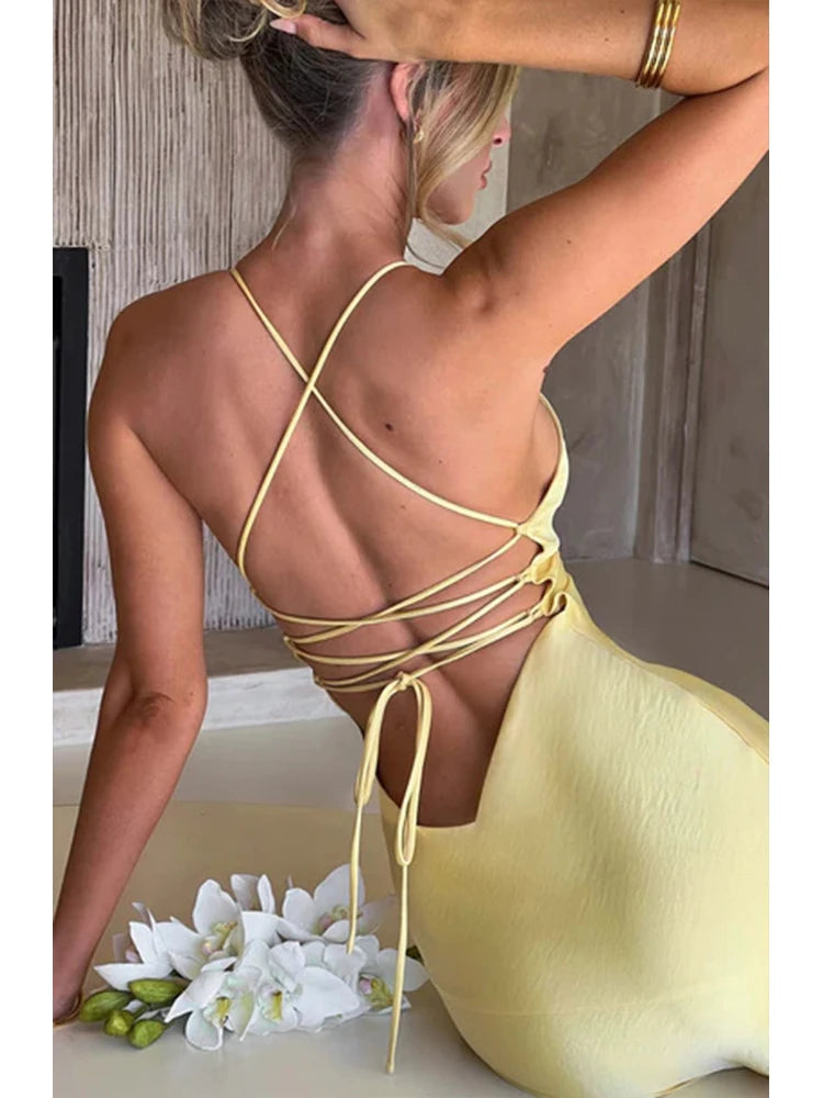 Elegant Backless Satin Maxi Dress With Lace Up For Women
