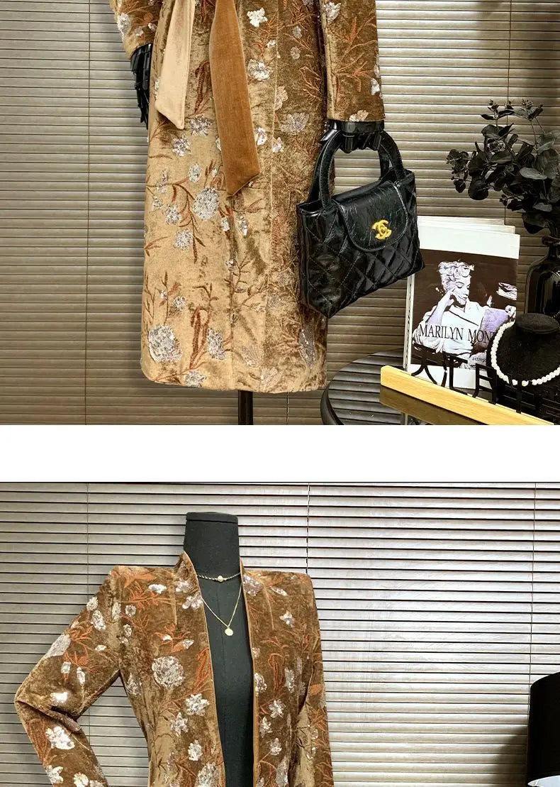 Golden Velvet Adjustable Waist Windbreaker Coat Autumn/Winter New English style Luxury Sequin Embroidered Women's Coat