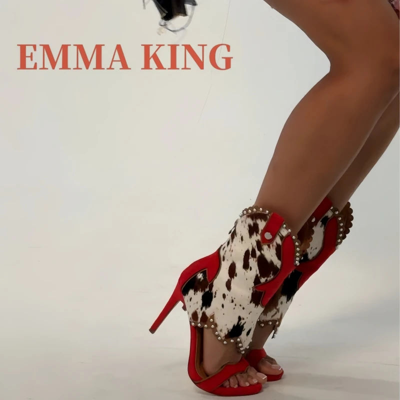 Cow Print Cowboy Style High Heel Sandals for Women