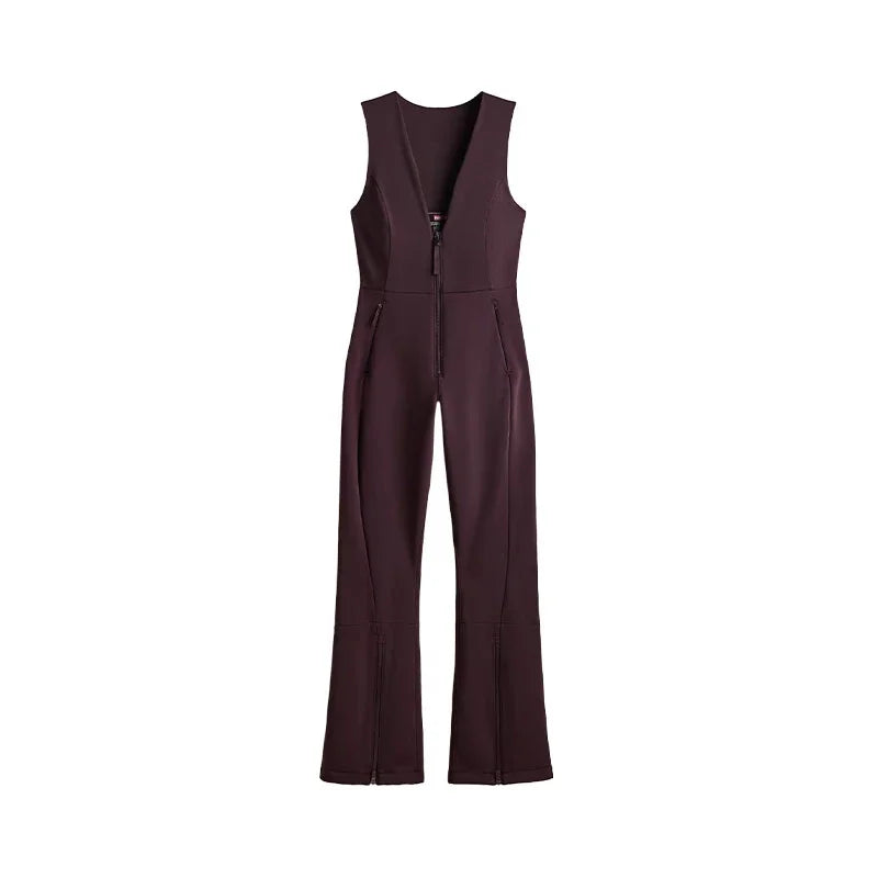 Sleeveless V Neck Ski Jumpsuit With Zippers for Women