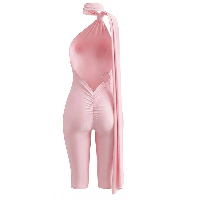 Sexy Ruched Backless Halter Bandage Jumpsuit for Women