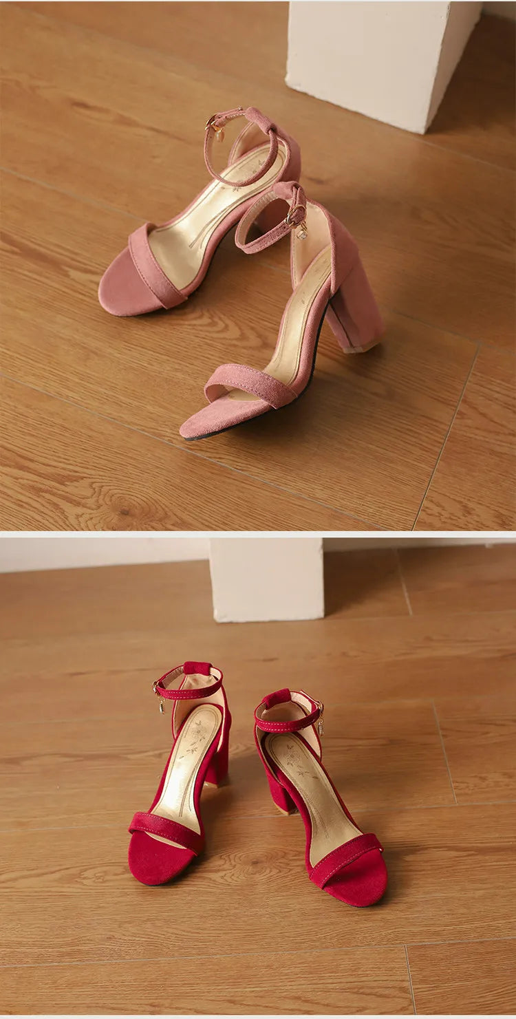 Beige Suede Rhinestone Block Heel Sandals