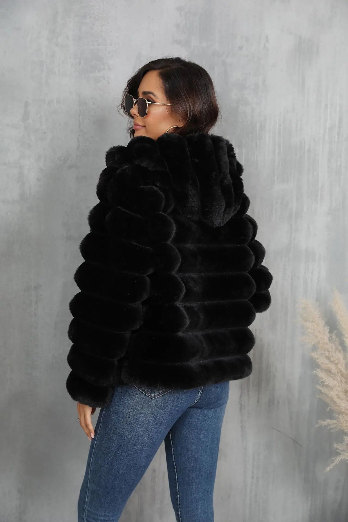 Warm Hooded Short Faux Fur Coat With Turn Down Collar for Women