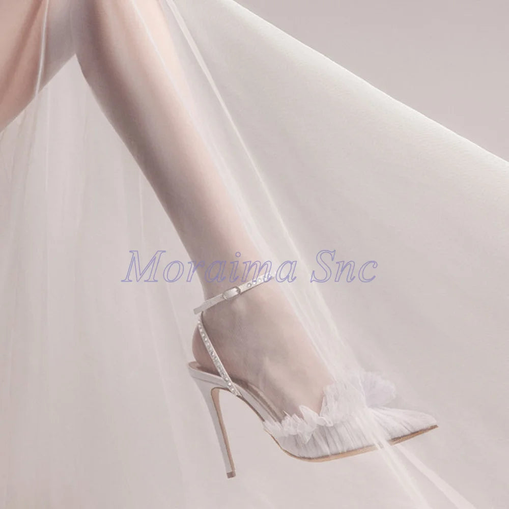 Pink Pointed Toe Ruffled Rhinestone Stiletto Sandals for Women
