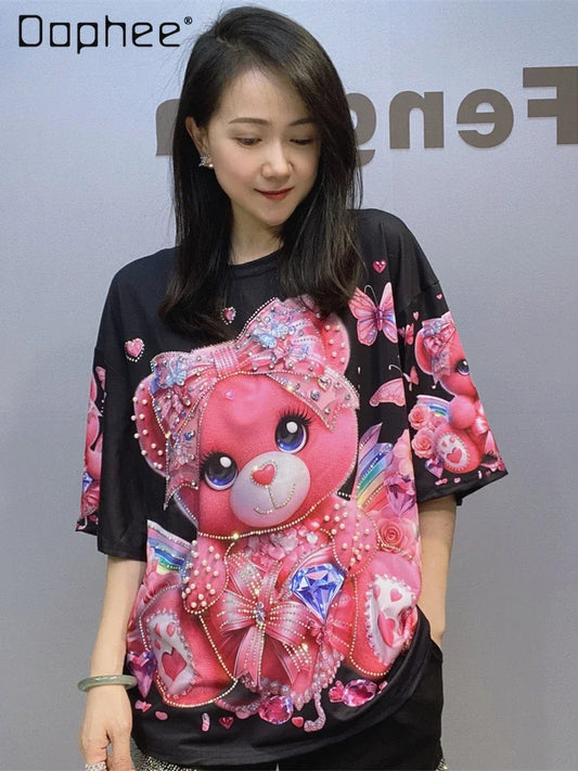 Cartoon Bear Heavy Industry Bead Crew Neck Short Sleeve T-Shirt Summer Printed Fashion Half Sleeve Top Women's Clothing