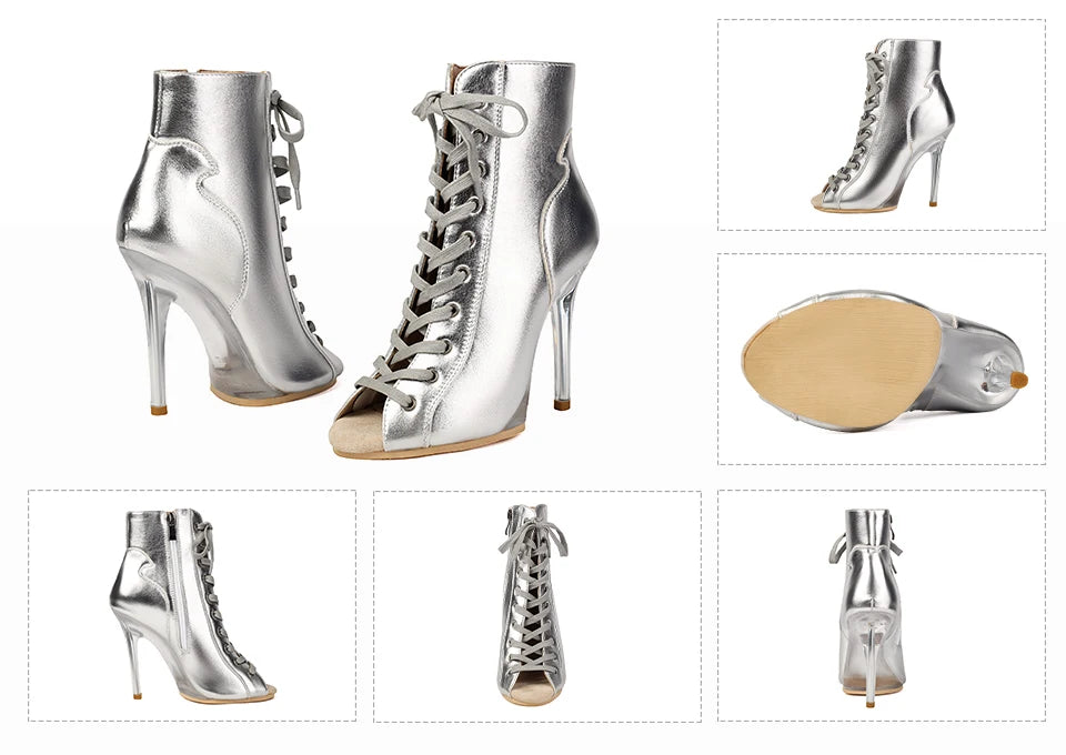 Lace-Up Crystal Heel Ballroom Dance Boots for Women