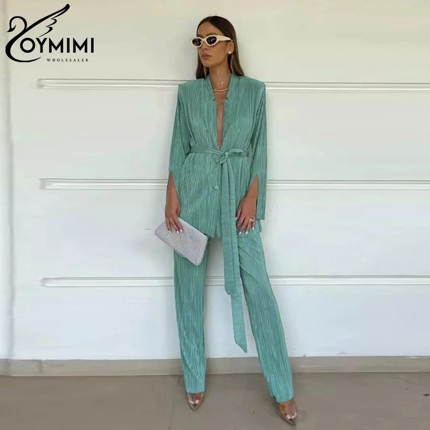 Oymimi Sexy Black Pleated 2 Piece Sets Women Outfit Fashion Loose Slit Long Sleeve Lace-Up Top With High Waist Pants Set Female