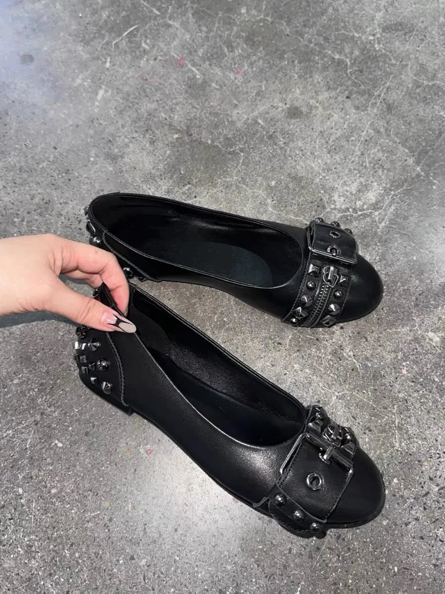 Black Studded Leather Lace Up Round Toe Flat Shoes For Women