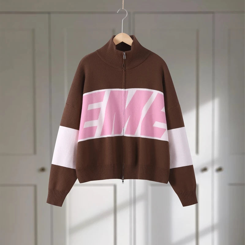 Letter Women 's Sweater Stand Collar Y2k Knit Sweaters For Woman Zipper Full Sleeve Tops Female 2025 Winter Men Jacket Knitwear