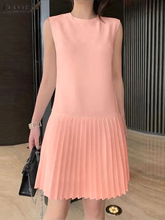 ZANZEA Summer Women Sleeveless Mini Dress 2024 Elegant Party Tank Vestidos Ladies Casual Solid Color Pleated Short Sundress