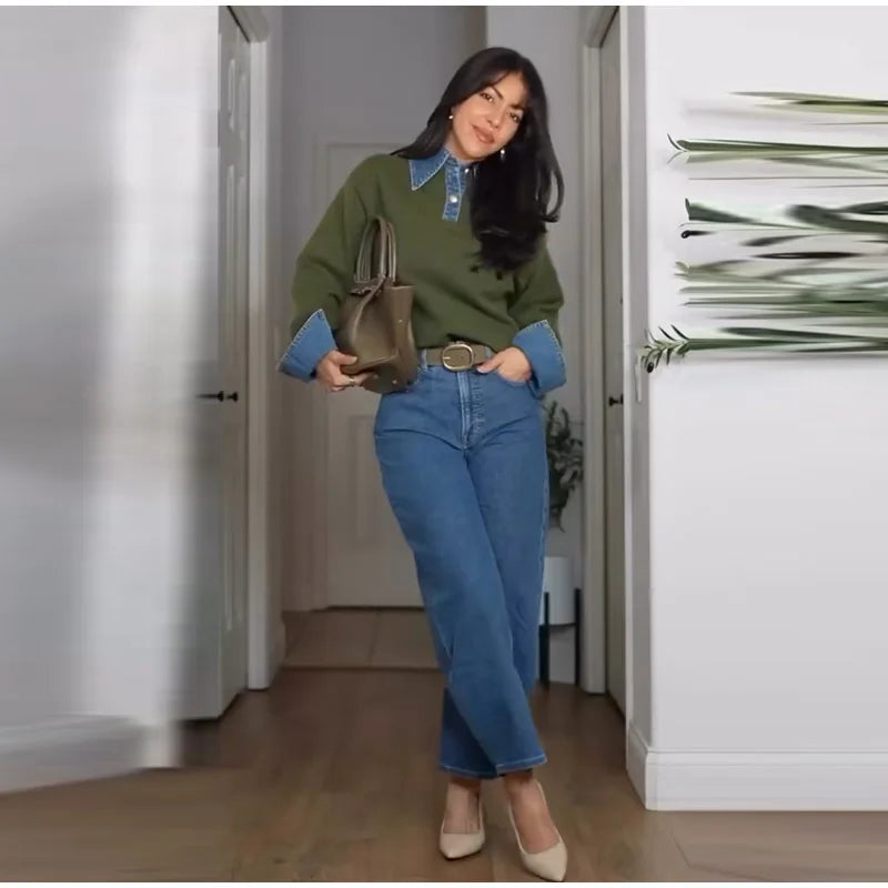 Long Sleeve Denim Collar Half Button Knit Top For Women