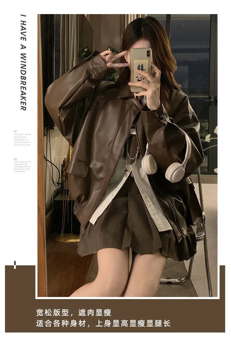 Short American Retro PU Leather Baseball Jacket for Women