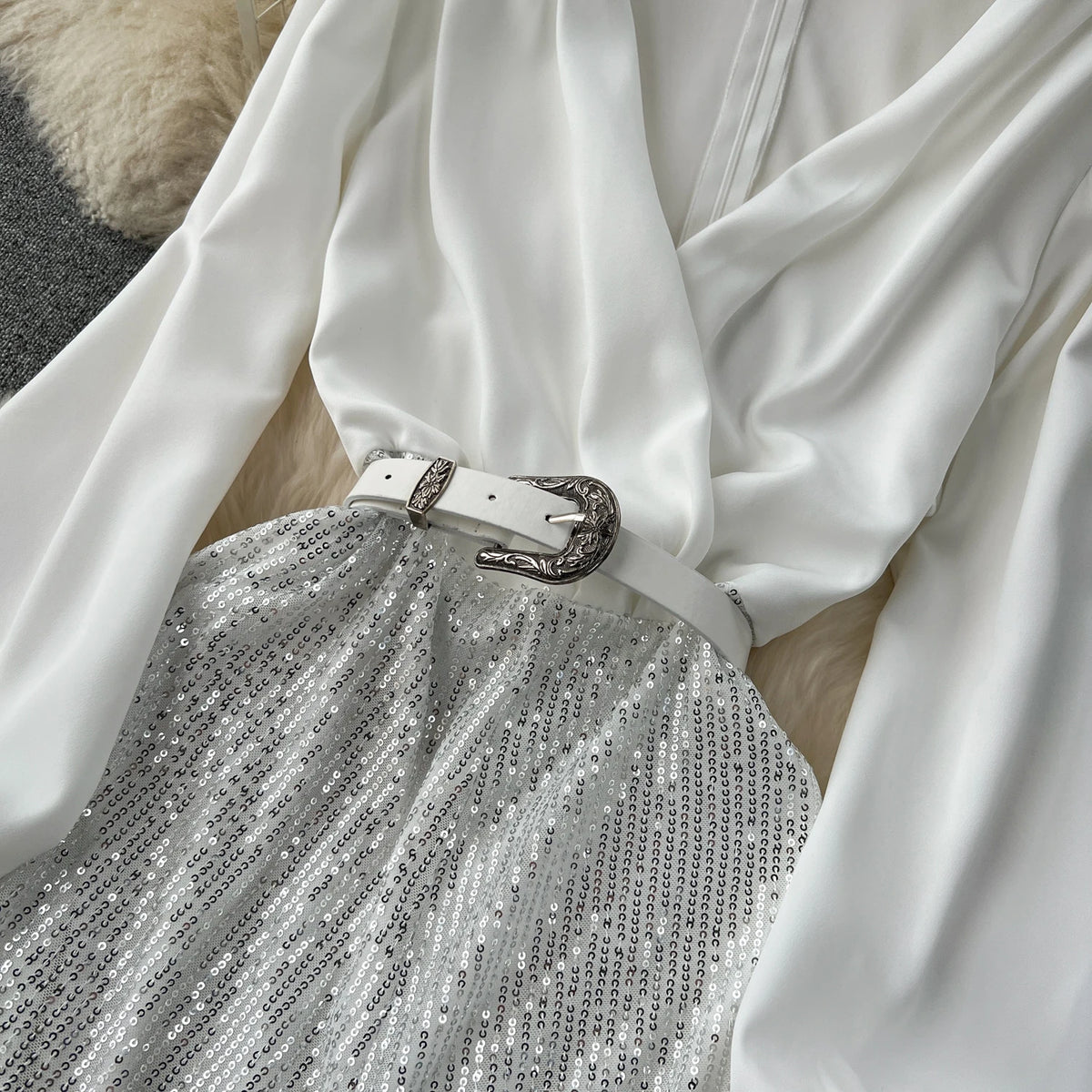 Sequined Patchwork V Neck Wide Leg Jumpsuit for Women