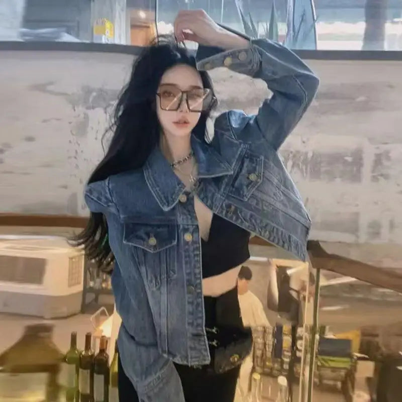 Vintage Inspired Turn Down Collar Cropped Denim Jacket for Women