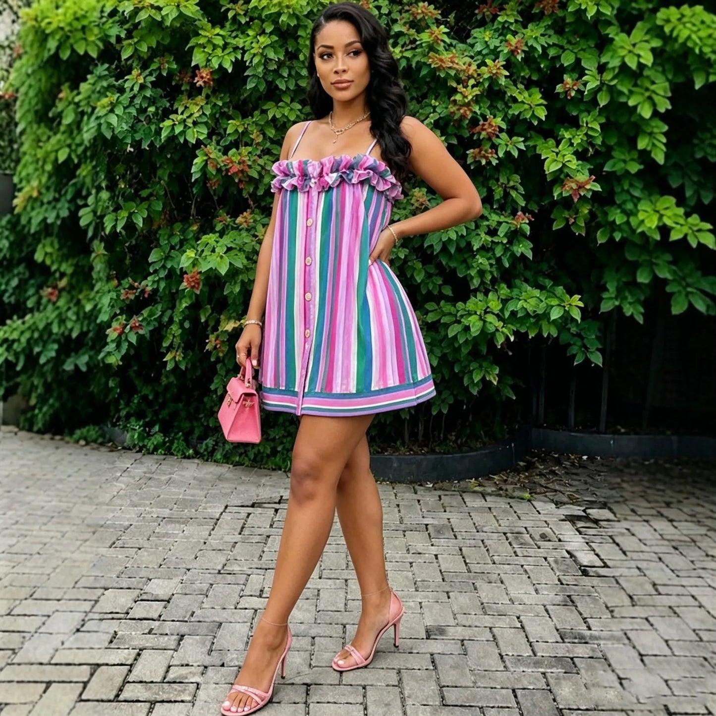 Lightweight Thin Strap Ruffle Trim Striped Mini Dress for Women