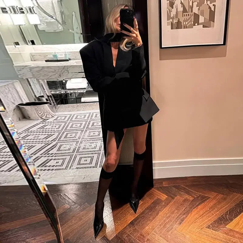 Elegant Slim V-Neck Scarf Trim Blazer Coat for Women