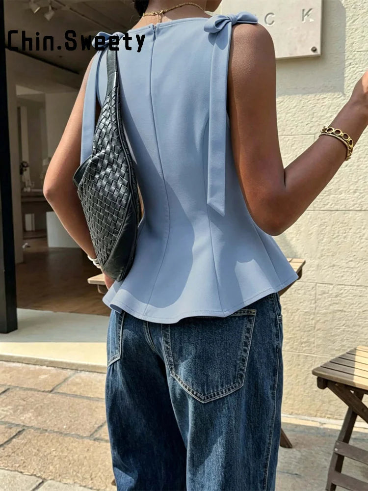 Lace Up Bow Detail Round Neck Sleeveless Top For Women