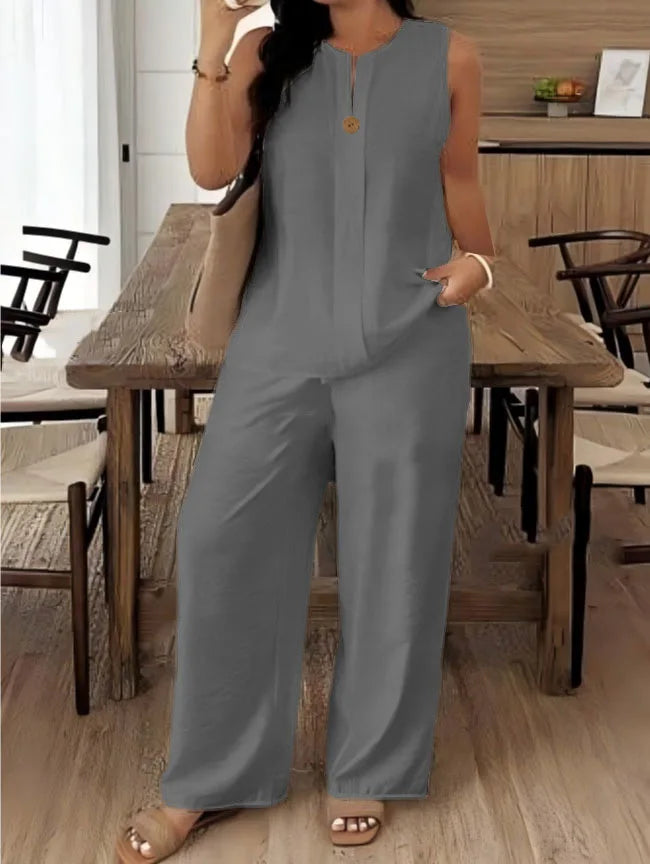 Vintage Button Tank Top and Elastic Waist Pants Set for Women