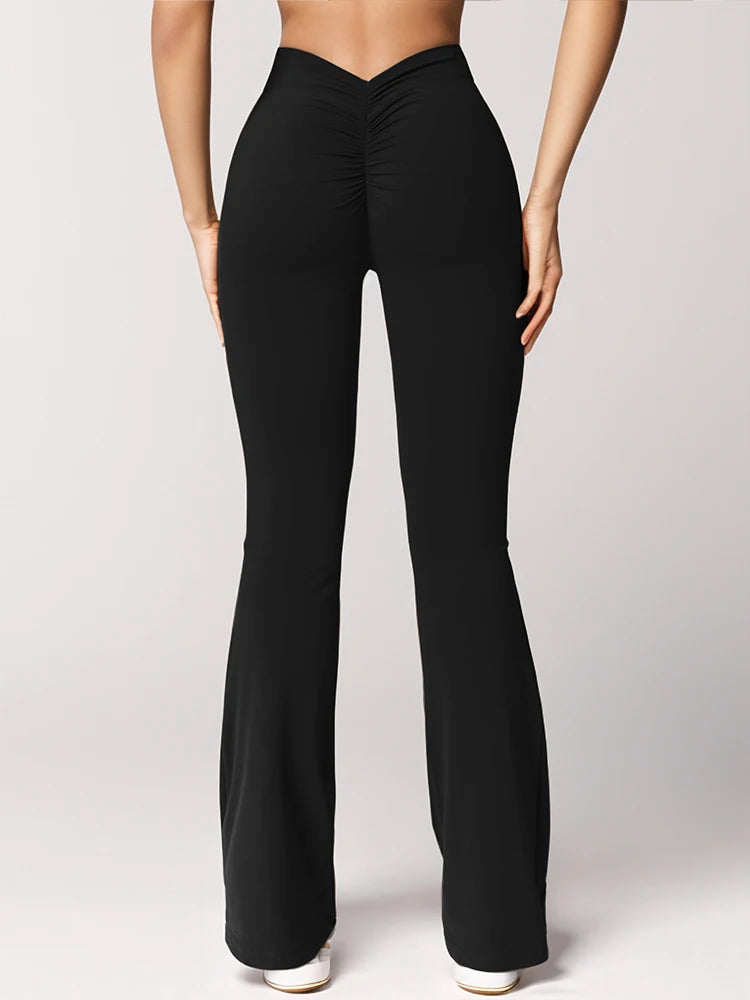 Women's Sports Yoga Pants Pleated Flared Pants  V-Back Butt-Lifting Wide Leg High Waist 31.5 Inches Fitness Sports Yoga Pants