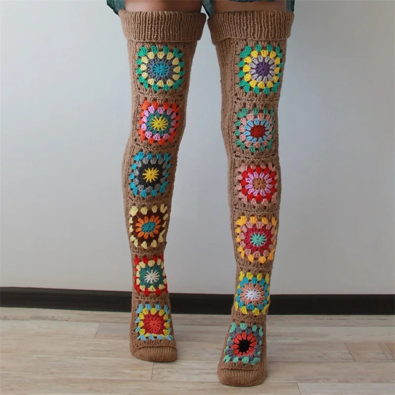 Ethnic Crochet Knit Autumn Winter Thigh High Socks for Women
