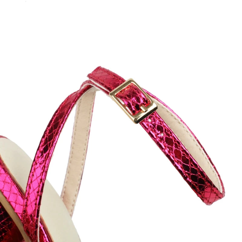 Metallic Block Heel Ankle Strap Sandals