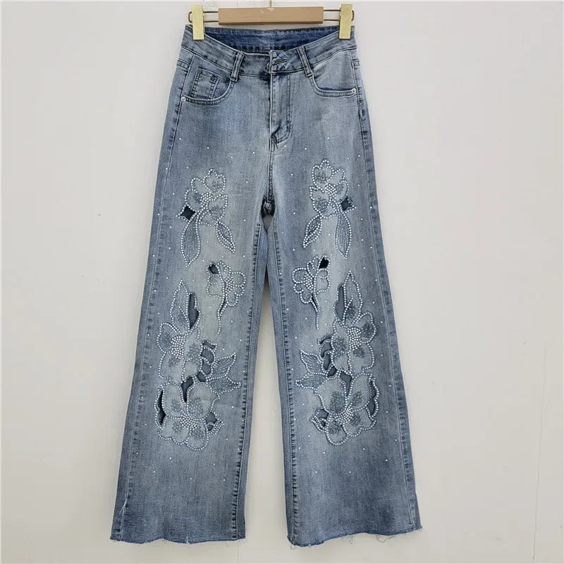 Fashion Women's Jeans High Waist Embroidery Flowers Burrs Edge Straight Wide Leg Denim Pants New 2025 Summer Street Trousers