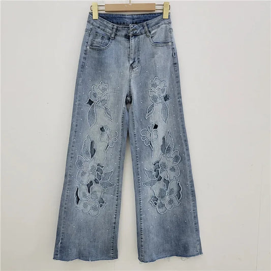 Fashion Women's Jeans High Waist Embroidery Flowers Burrs Edge Straight Wide Leg Denim Pants New 2025 Summer Street Trousers